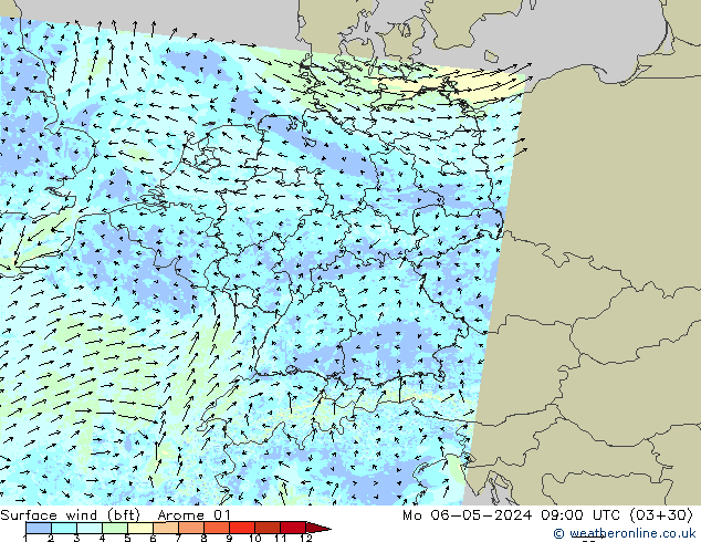 Bodenwind (bft) Arome 01 Mo 06.05.2024 09 UTC