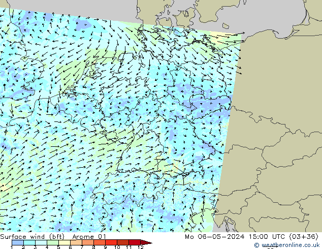 Surface wind (bft) Arome 01 Mo 06.05.2024 15 UTC