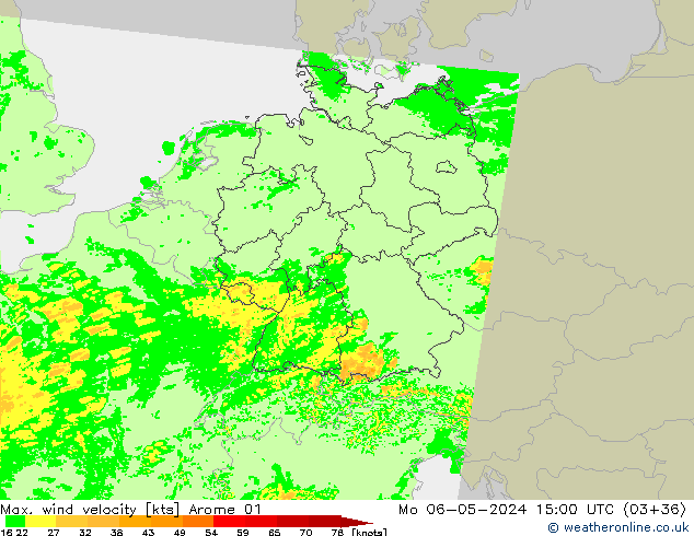 Max. wind velocity Arome 01 пн 06.05.2024 15 UTC