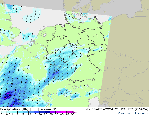 降水量 (6h) Arome 01 星期一 06.05.2024 03 UTC