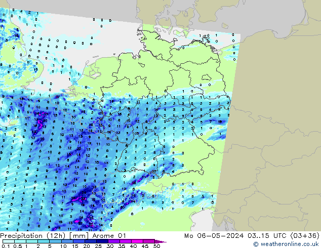 Yağış (12h) Arome 01 Pzt 06.05.2024 15 UTC