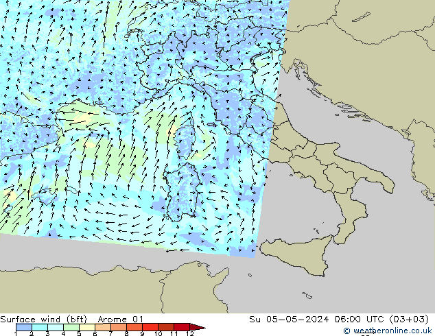 Wind 10 m (bft) Arome 01 zo 05.05.2024 06 UTC