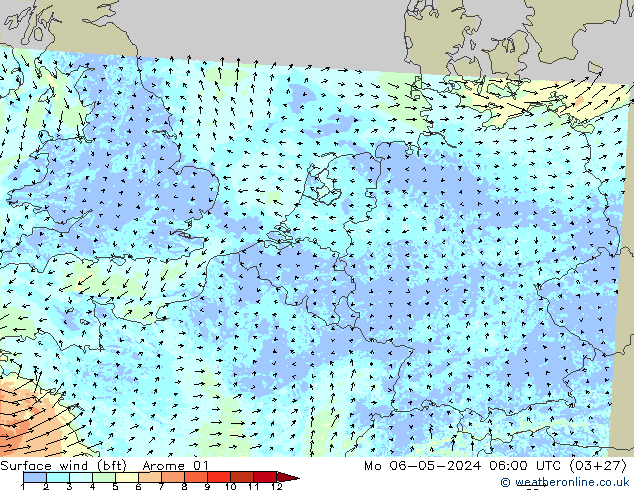 Surface wind (bft) Arome 01 Mo 06.05.2024 06 UTC
