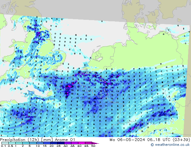 Precipitation (12h) Arome 01 Mo 06.05.2024 18 UTC
