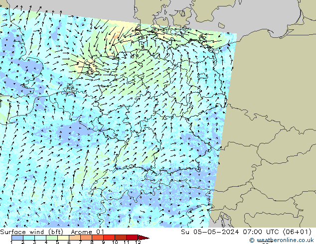 Wind 10 m (bft) Arome 01 zo 05.05.2024 07 UTC