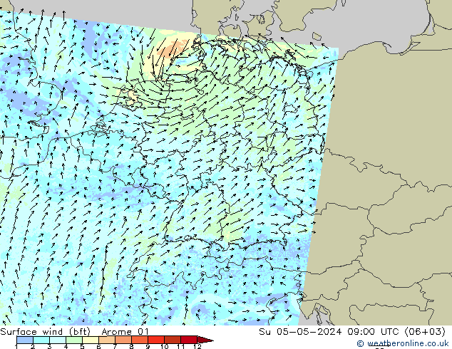 wiatr 10 m (bft) Arome 01 nie. 05.05.2024 09 UTC