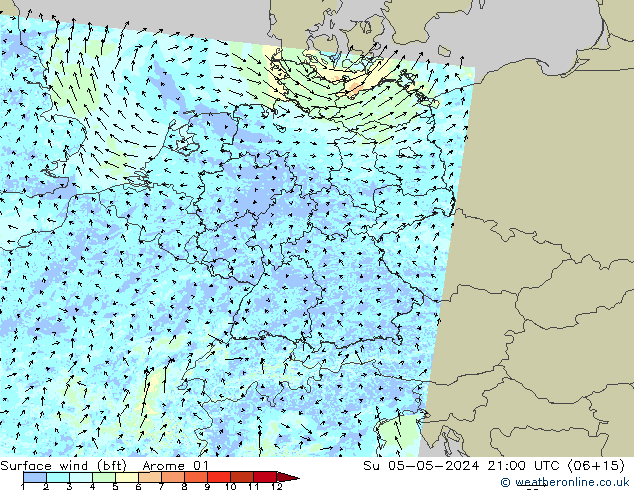 Wind 10 m (bft) Arome 01 zo 05.05.2024 21 UTC