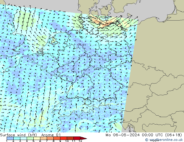 Surface wind (bft) Arome 01 Po 06.05.2024 00 UTC