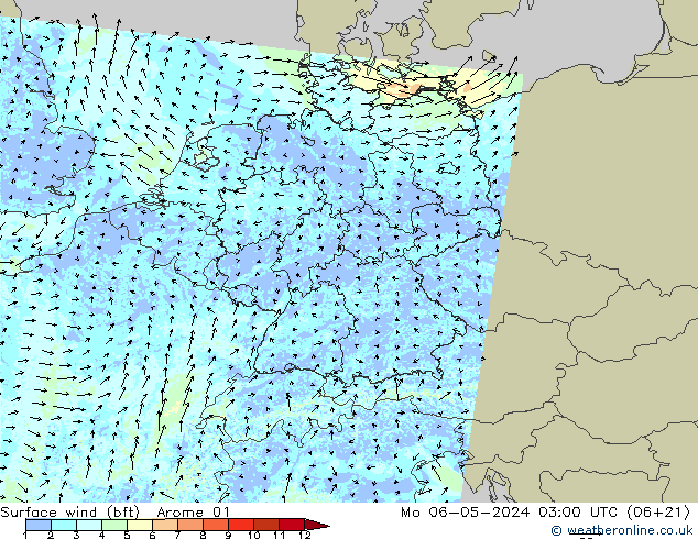 wiatr 10 m (bft) Arome 01 pon. 06.05.2024 03 UTC