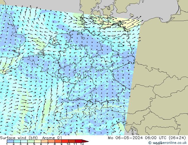 wiatr 10 m (bft) Arome 01 pon. 06.05.2024 06 UTC