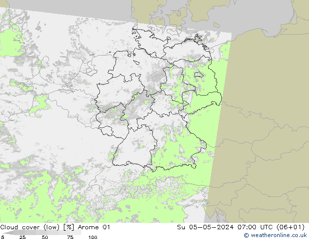 Bewolking (Laag) Arome 01 zo 05.05.2024 07 UTC