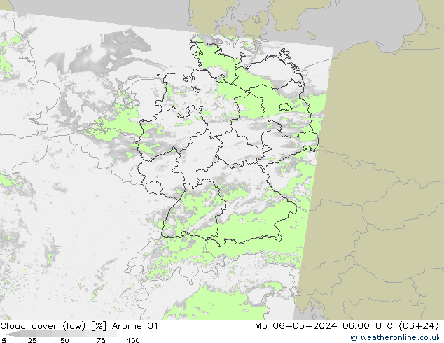 Cloud cover (low) Arome 01 Mo 06.05.2024 06 UTC