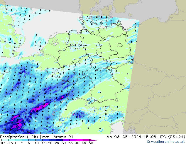 降水量 (12h) Arome 01 星期一 06.05.2024 06 UTC