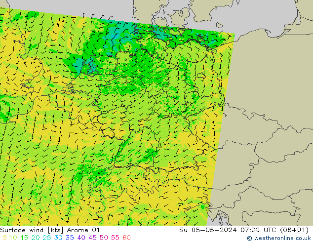 Viento 10 m Arome 01 dom 05.05.2024 07 UTC