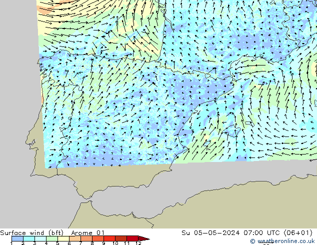 Viento 10 m (bft) Arome 01 dom 05.05.2024 07 UTC