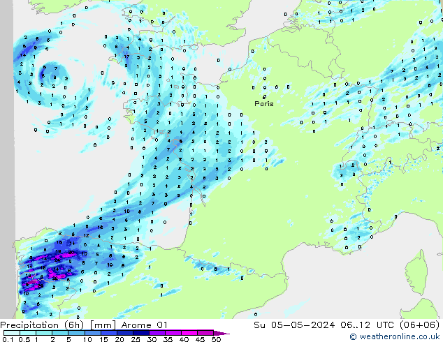 Precipitation (6h) Arome 01 Su 05.05.2024 12 UTC