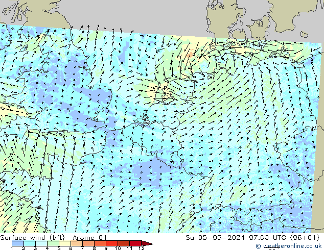 Surface wind (bft) Arome 01 Ne 05.05.2024 07 UTC