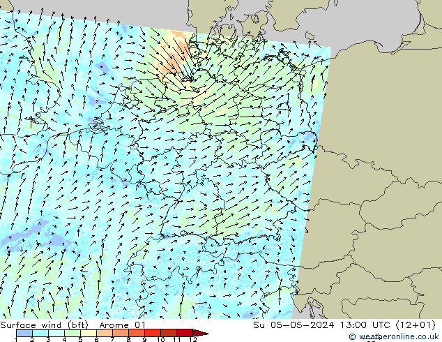 Rüzgar 10 m (bft) Arome 01 Paz 05.05.2024 13 UTC