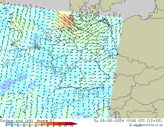 Rüzgar 10 m (bft) Arome 01 Paz 05.05.2024 15 UTC