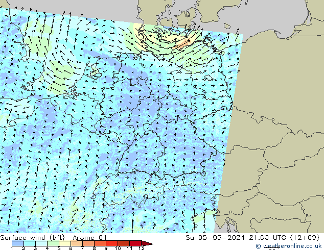 Surface wind (bft) Arome 01 Ne 05.05.2024 21 UTC