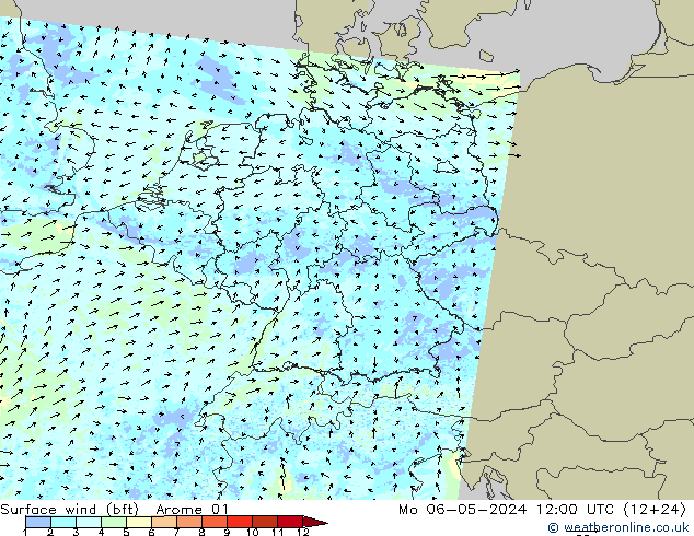 Wind 10 m (bft) Arome 01 ma 06.05.2024 12 UTC
