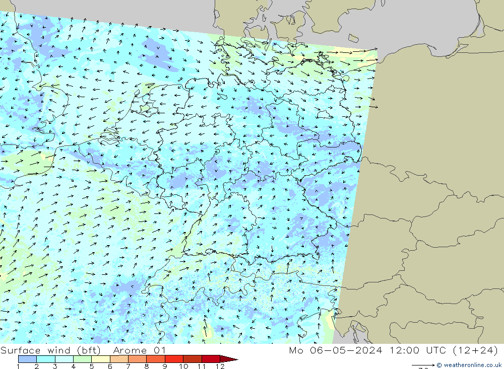 Surface wind (bft) Arome 01 Po 06.05.2024 12 UTC