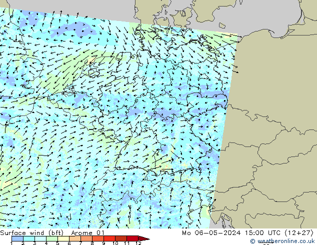 Wind 10 m (bft) Arome 01 ma 06.05.2024 15 UTC