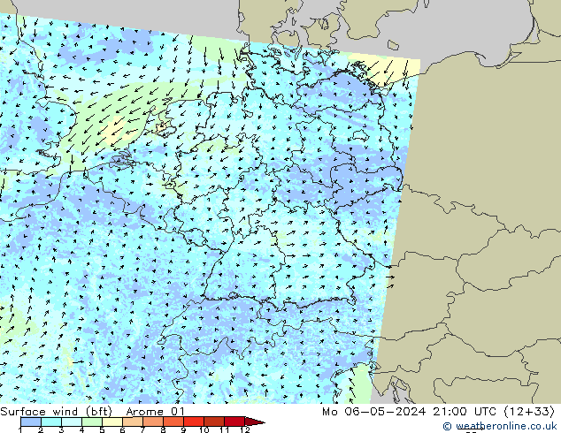 wiatr 10 m (bft) Arome 01 pon. 06.05.2024 21 UTC