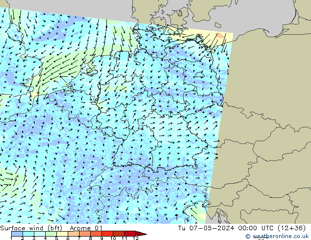 Vento 10 m (bft) Arome 01 mar 07.05.2024 00 UTC