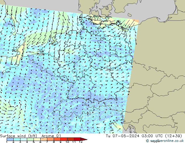 Surface wind (bft) Arome 01 Tu 07.05.2024 03 UTC