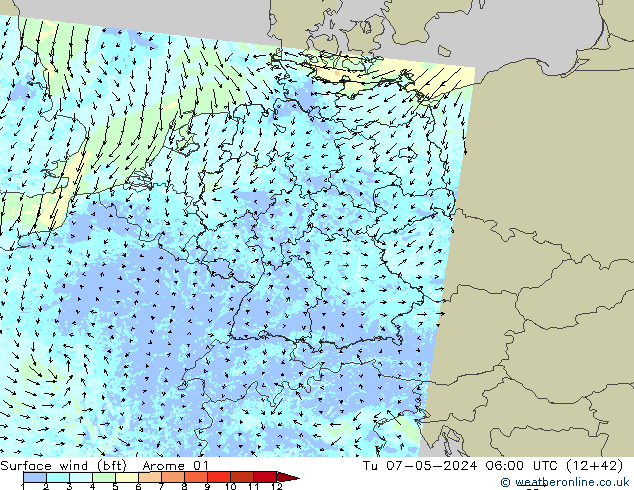 Wind 10 m (bft) Arome 01 di 07.05.2024 06 UTC