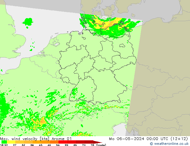 Max. wind velocity Arome 01 pon. 06.05.2024 00 UTC