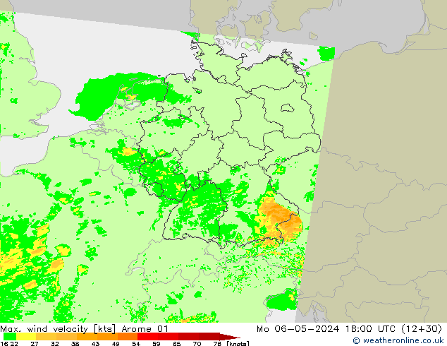 Maks. Rüzgar Hızı Arome 01 Pzt 06.05.2024 18 UTC