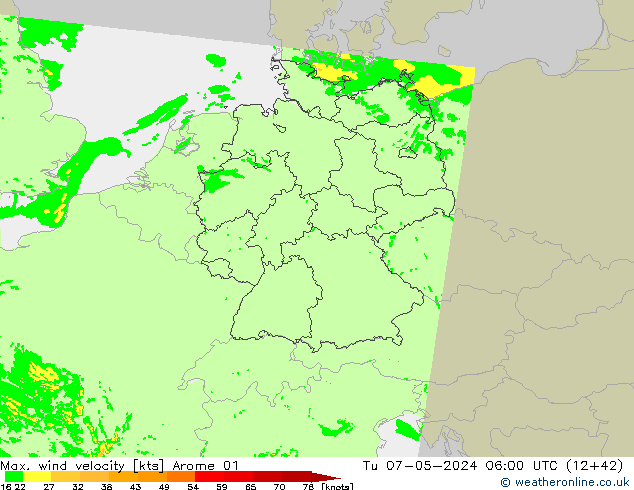 Max. wind velocity Arome 01  07.05.2024 06 UTC