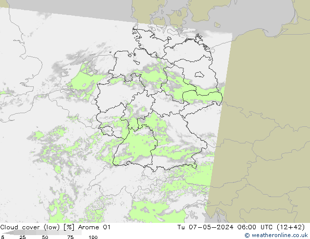 Bewolking (Laag) Arome 01 di 07.05.2024 06 UTC