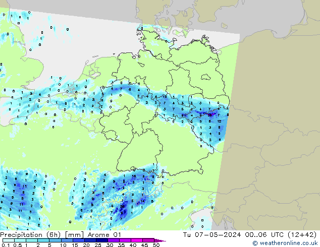 Precipitation (6h) Arome 01 Út 07.05.2024 06 UTC