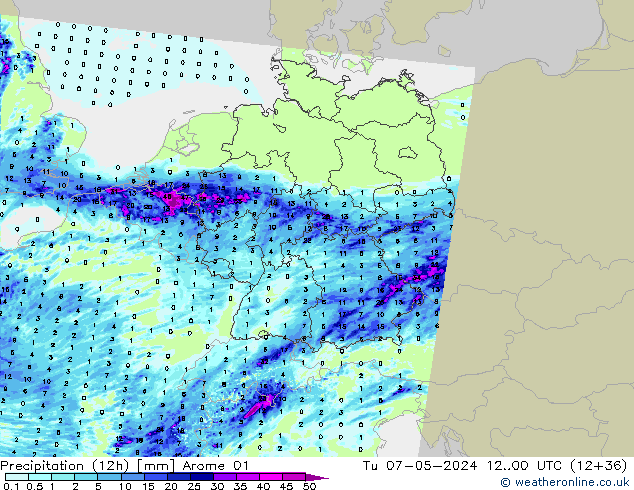 Yağış (12h) Arome 01 Sa 07.05.2024 00 UTC