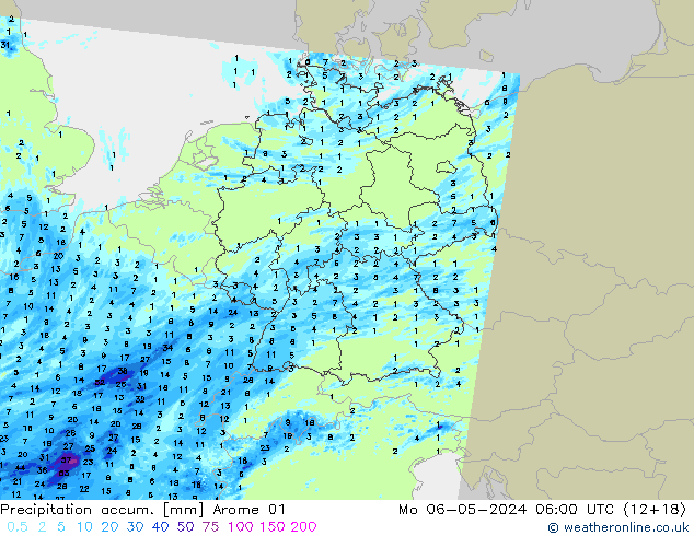 Precipitation accum. Arome 01 Seg 06.05.2024 06 UTC