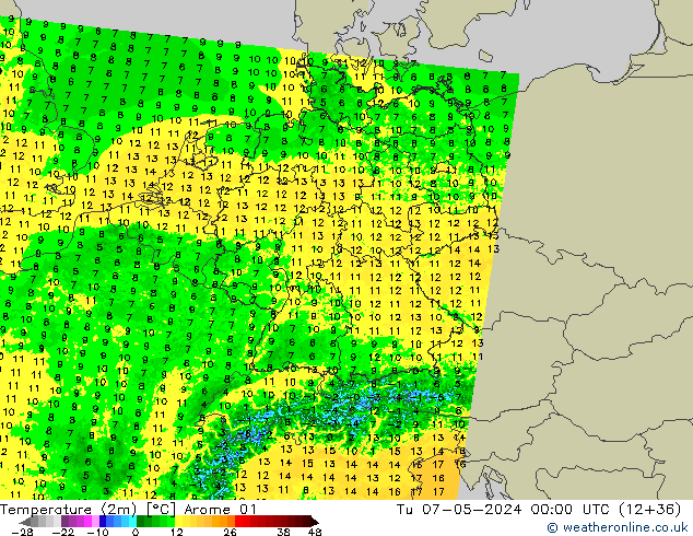 Temperature (2m) Arome 01 Út 07.05.2024 00 UTC