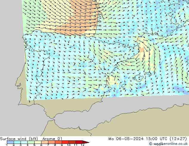 Surface wind (bft) Arome 01 Mo 06.05.2024 15 UTC