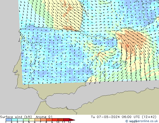 Wind 10 m (bft) Arome 01 di 07.05.2024 06 UTC