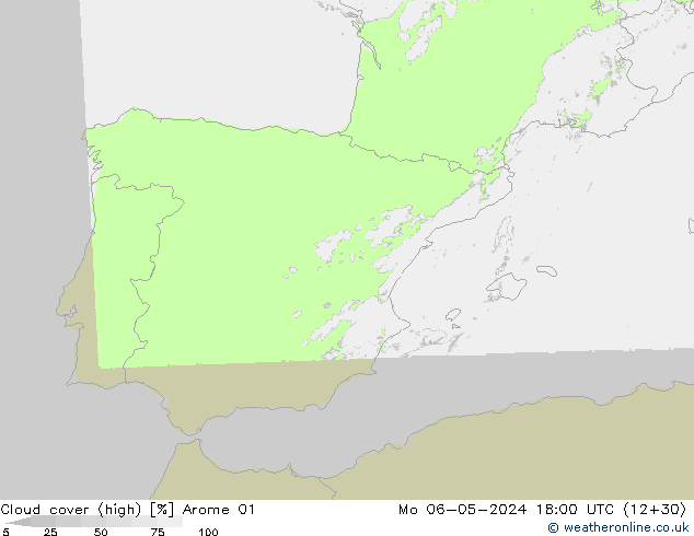 Cloud cover (high) Arome 01 Mo 06.05.2024 18 UTC