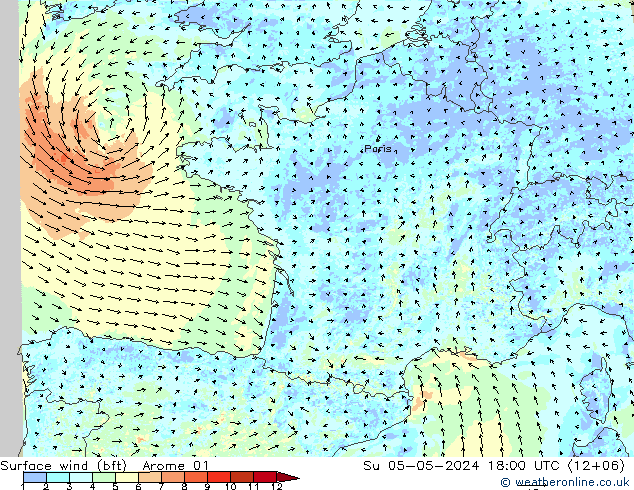 Rüzgar 10 m (bft) Arome 01 Paz 05.05.2024 18 UTC