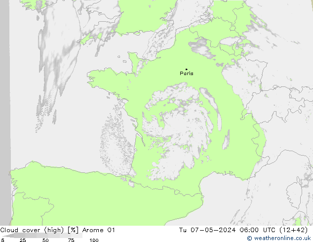 Cloud cover (high) Arome 01 Tu 07.05.2024 06 UTC