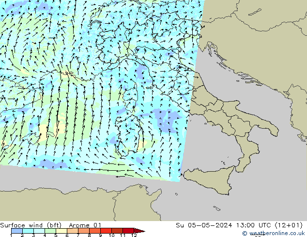 Surface wind (bft) Arome 01 Ne 05.05.2024 13 UTC