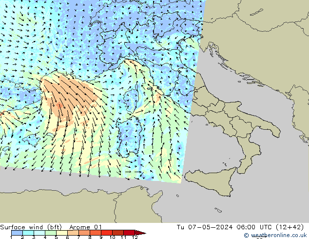 Surface wind (bft) Arome 01 Út 07.05.2024 06 UTC