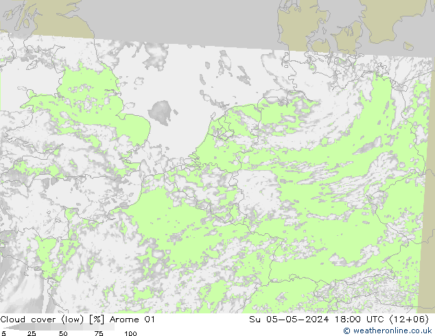 Cloud cover (low) Arome 01 Su 05.05.2024 18 UTC