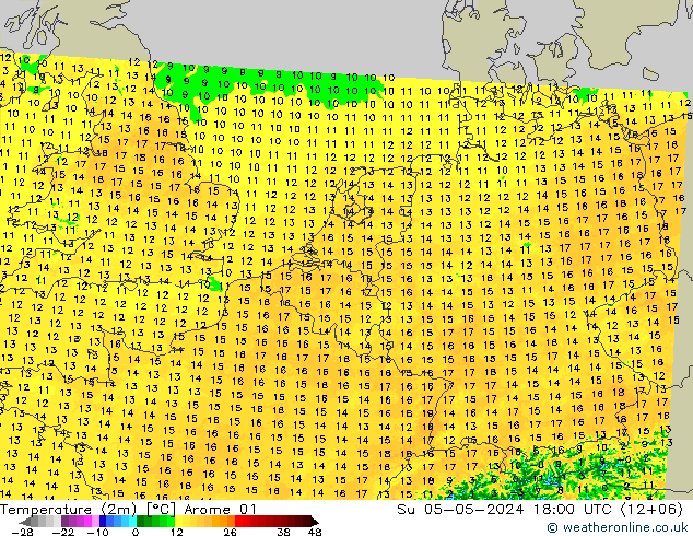 Temperaturkarte (2m) Arome 01 So 05.05.2024 18 UTC