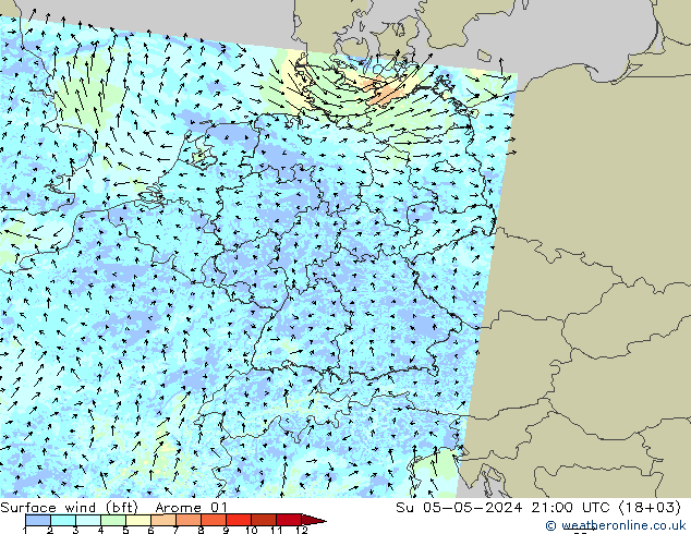 Rüzgar 10 m (bft) Arome 01 Paz 05.05.2024 21 UTC