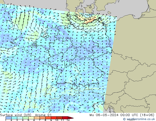 Wind 10 m (bft) Arome 01 ma 06.05.2024 00 UTC